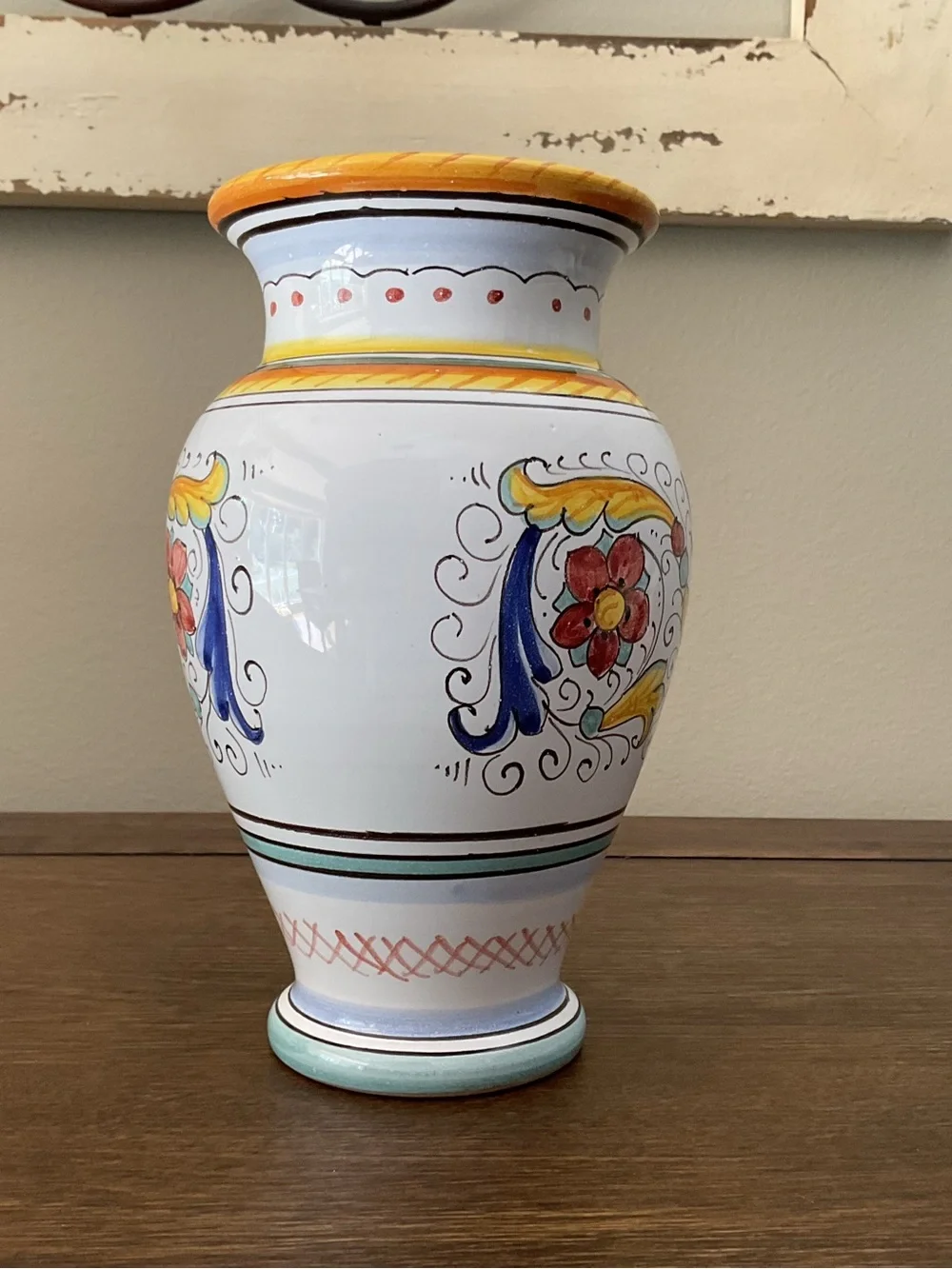 Hand-Painted Ceramic Accent Vase in White with Yellow & Blue Motifs